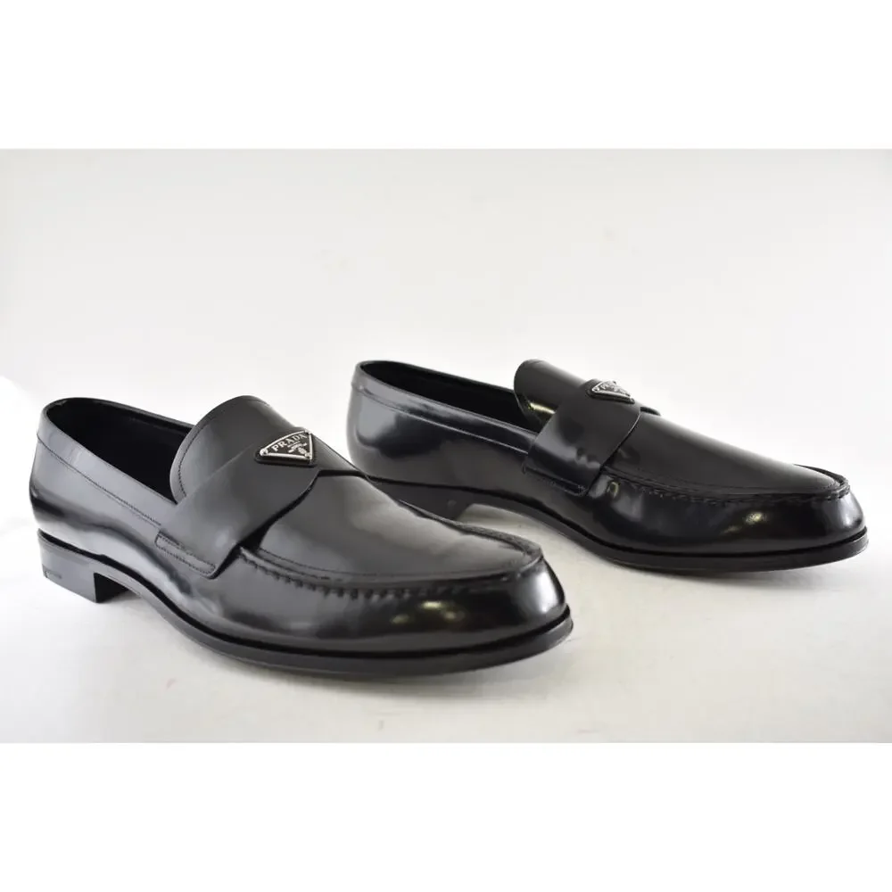 Prada Black Brushed Leather Triangle Logo Classic Loafer SlipOn Flat UK 12 US 13 - Picture 4 of 16